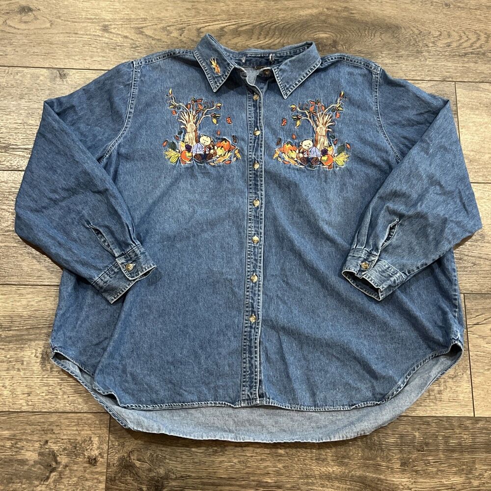Vintage 90s Just My Size Denim Shirt Teddy Bear Fall Harvest Embroidered - 3XL